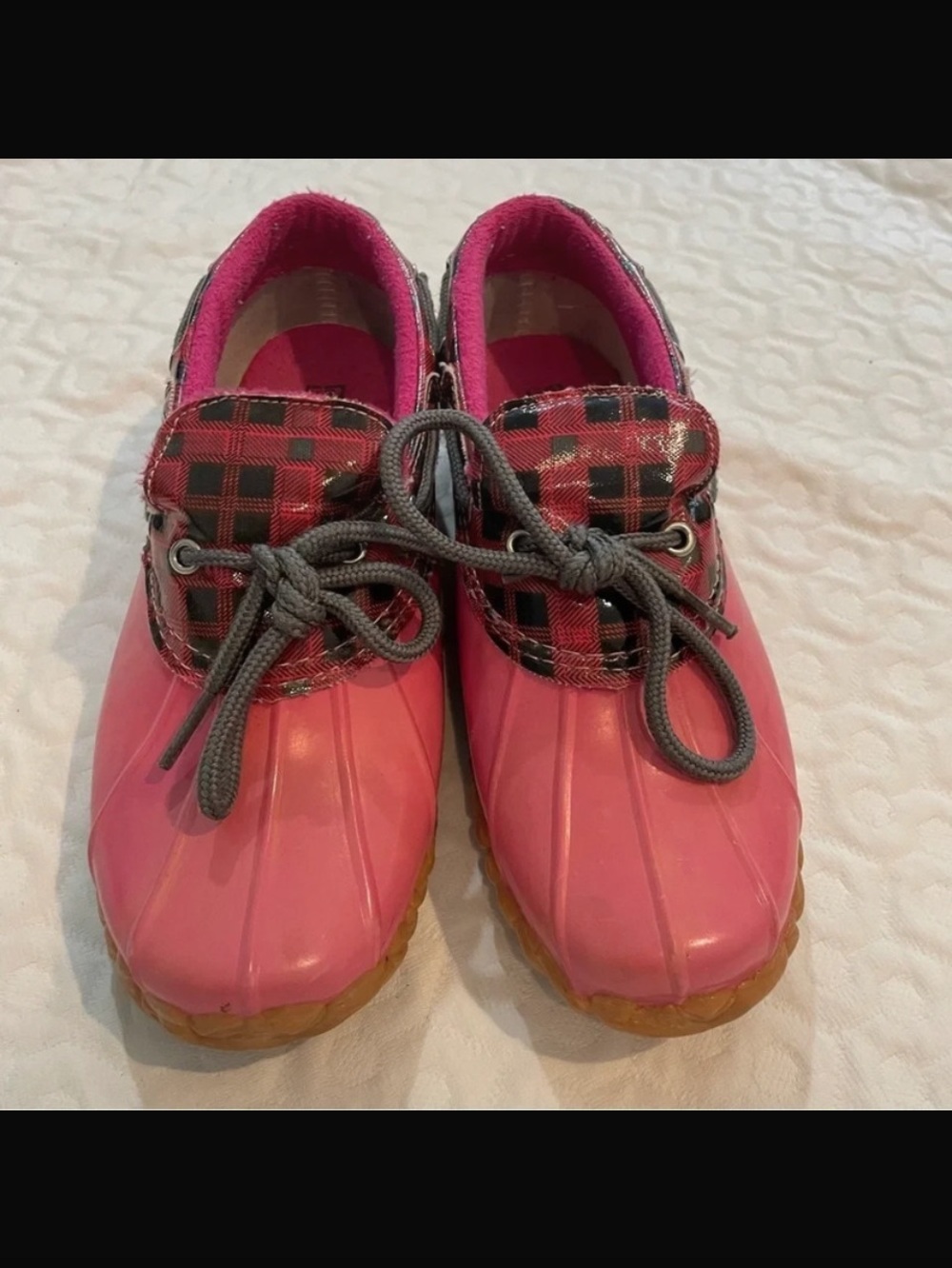 Sperry Kids Pink Waterproof Duck Boots - Plaid Trim 4y